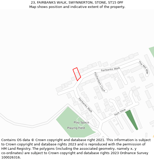 23, FAIRBANKS WALK, SWYNNERTON, STONE, ST15 0PF: Location map and indicative extent of plot