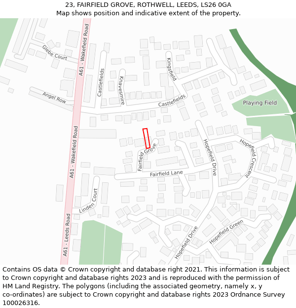 23, FAIRFIELD GROVE, ROTHWELL, LEEDS, LS26 0GA: Location map and indicative extent of plot