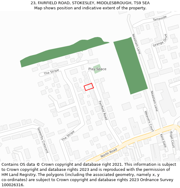 23, FAIRFIELD ROAD, STOKESLEY, MIDDLESBROUGH, TS9 5EA: Location map and indicative extent of plot