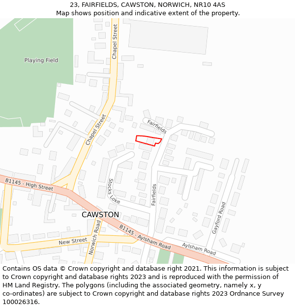 23, FAIRFIELDS, CAWSTON, NORWICH, NR10 4AS: Location map and indicative extent of plot