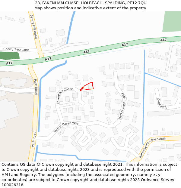 23, FAKENHAM CHASE, HOLBEACH, SPALDING, PE12 7QU: Location map and indicative extent of plot