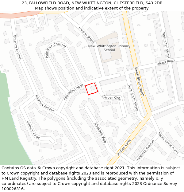 23, FALLOWFIELD ROAD, NEW WHITTINGTON, CHESTERFIELD, S43 2DP: Location map and indicative extent of plot