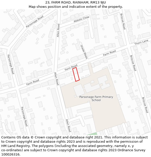 23, FARM ROAD, RAINHAM, RM13 9JU: Location map and indicative extent of plot