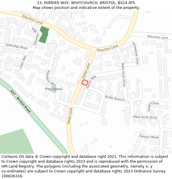 23, FARRIER WAY, WHITCHURCH, BRISTOL, BS14 0FS: Location map and indicative extent of plot