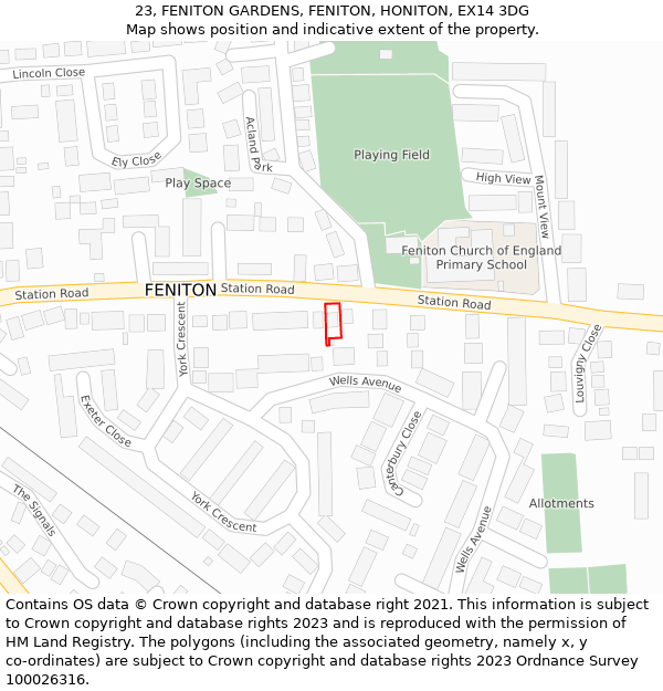 23, FENITON GARDENS, FENITON, HONITON, EX14 3DG: Location map and indicative extent of plot