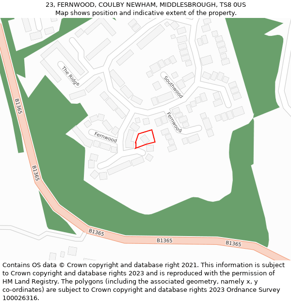23, FERNWOOD, COULBY NEWHAM, MIDDLESBROUGH, TS8 0US: Location map and indicative extent of plot