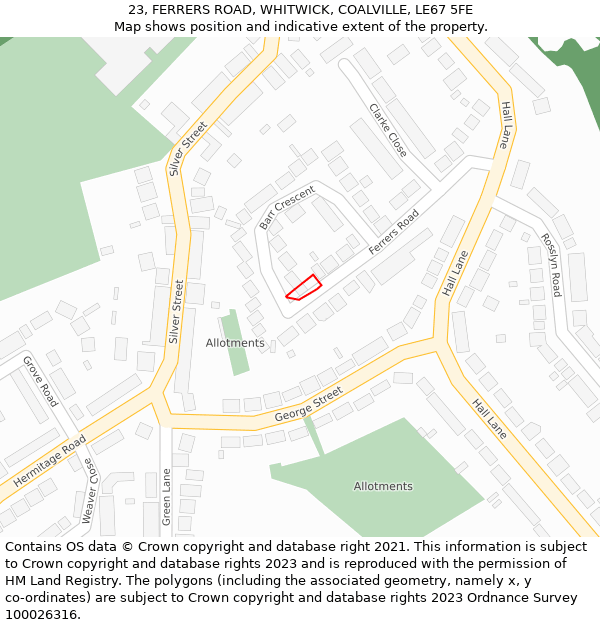 23, FERRERS ROAD, WHITWICK, COALVILLE, LE67 5FE: Location map and indicative extent of plot