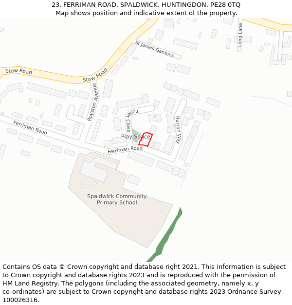23, FERRIMAN ROAD, SPALDWICK, HUNTINGDON, PE28 0TQ: Location map and indicative extent of plot