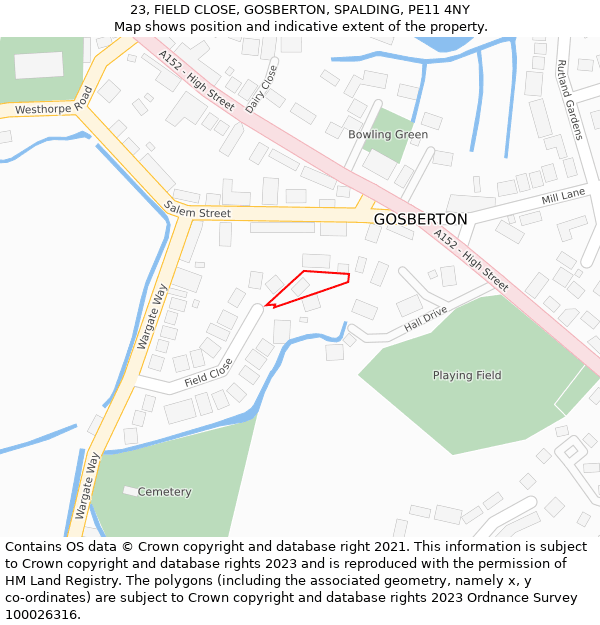 23, FIELD CLOSE, GOSBERTON, SPALDING, PE11 4NY: Location map and indicative extent of plot