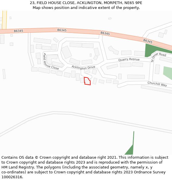 23, FIELD HOUSE CLOSE, ACKLINGTON, MORPETH, NE65 9PE: Location map and indicative extent of plot