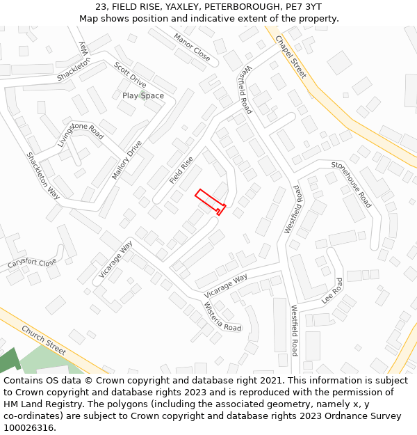 23, FIELD RISE, YAXLEY, PETERBOROUGH, PE7 3YT: Location map and indicative extent of plot