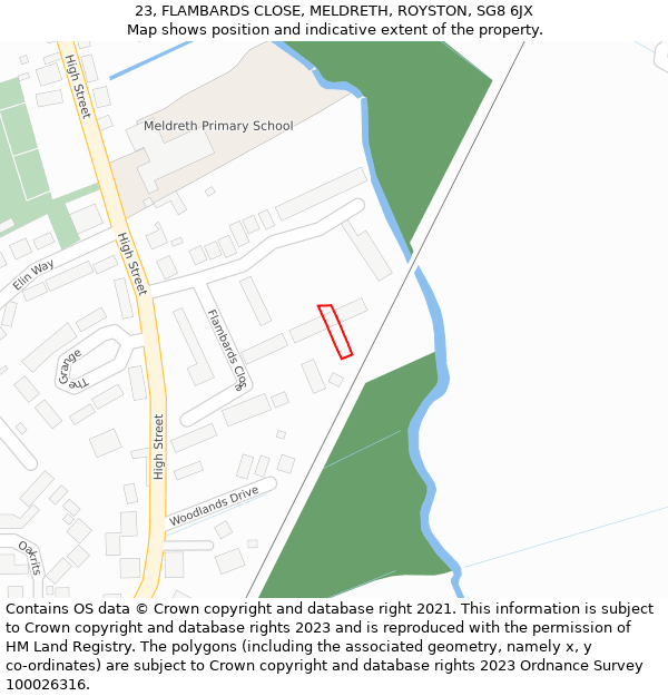 23, FLAMBARDS CLOSE, MELDRETH, ROYSTON, SG8 6JX: Location map and indicative extent of plot