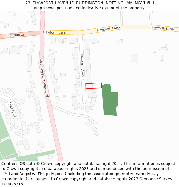 23, FLAWFORTH AVENUE, RUDDINGTON, NOTTINGHAM, NG11 6LH: Location map and indicative extent of plot