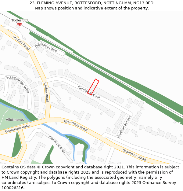 23, FLEMING AVENUE, BOTTESFORD, NOTTINGHAM, NG13 0ED: Location map and indicative extent of plot