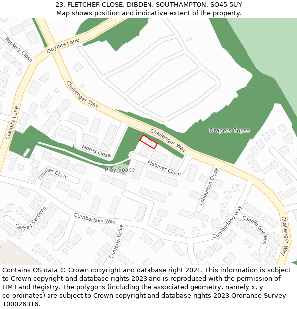 23, FLETCHER CLOSE, DIBDEN, SOUTHAMPTON, SO45 5UY: Location map and indicative extent of plot