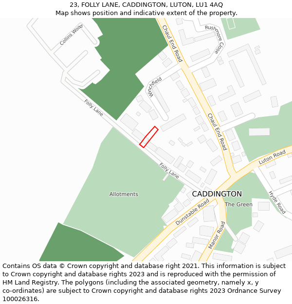 23, FOLLY LANE, CADDINGTON, LUTON, LU1 4AQ: Location map and indicative extent of plot