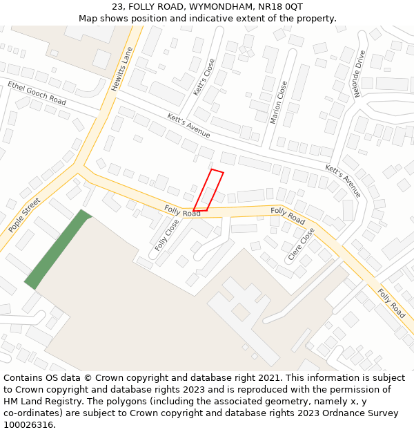 23, FOLLY ROAD, WYMONDHAM, NR18 0QT: Location map and indicative extent of plot