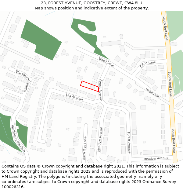 23, FOREST AVENUE, GOOSTREY, CREWE, CW4 8LU: Location map and indicative extent of plot