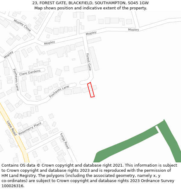 23, FOREST GATE, BLACKFIELD, SOUTHAMPTON, SO45 1GW: Location map and indicative extent of plot