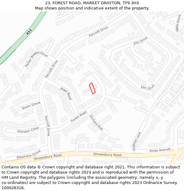 23, FOREST ROAD, MARKET DRAYTON, TF9 3HX: Location map and indicative extent of plot