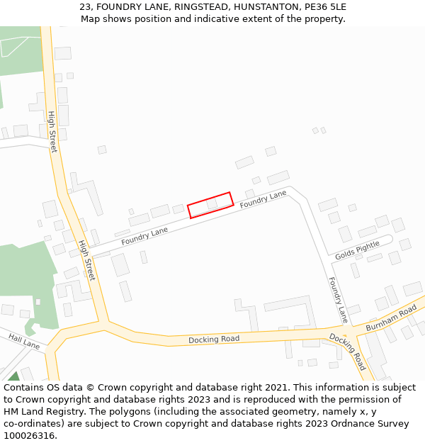 23, FOUNDRY LANE, RINGSTEAD, HUNSTANTON, PE36 5LE: Location map and indicative extent of plot