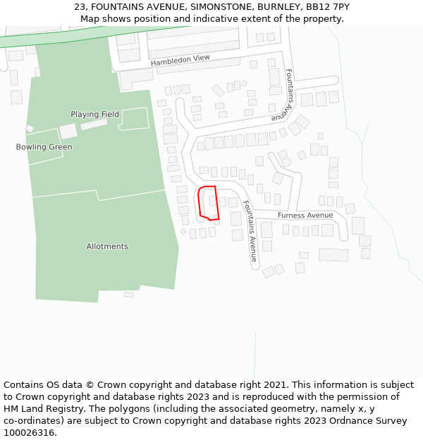 23, FOUNTAINS AVENUE, SIMONSTONE, BURNLEY, BB12 7PY: Location map and indicative extent of plot