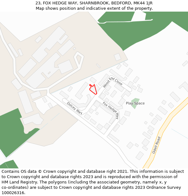 23, FOX HEDGE WAY, SHARNBROOK, BEDFORD, MK44 1JR: Location map and indicative extent of plot