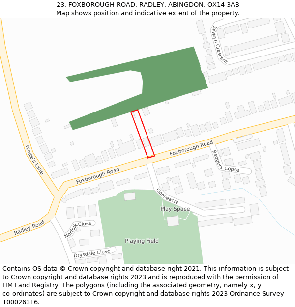 23, FOXBOROUGH ROAD, RADLEY, ABINGDON, OX14 3AB: Location map and indicative extent of plot