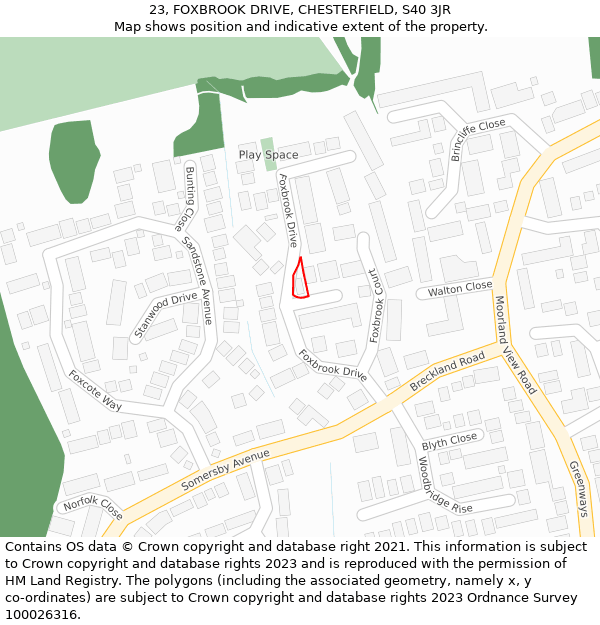 23, FOXBROOK DRIVE, CHESTERFIELD, S40 3JR: Location map and indicative extent of plot