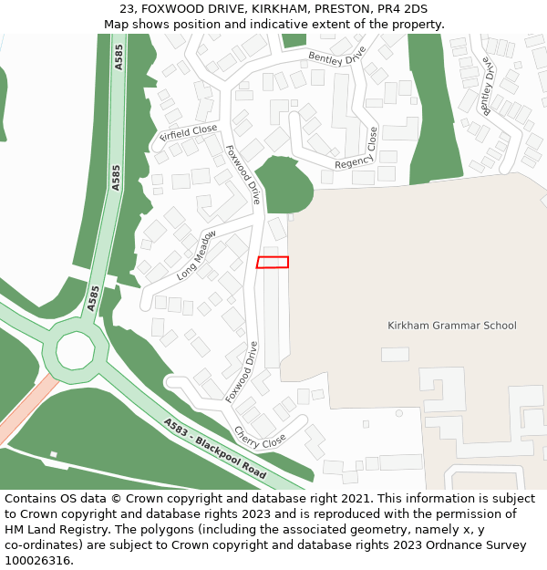 23, FOXWOOD DRIVE, KIRKHAM, PRESTON, PR4 2DS: Location map and indicative extent of plot