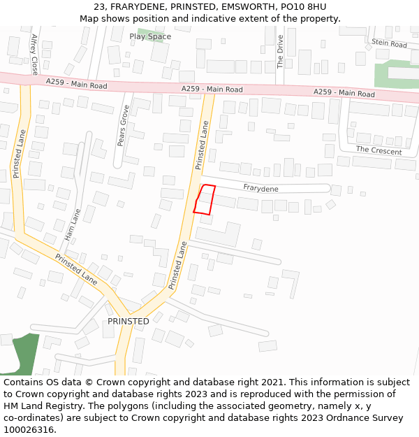 23, FRARYDENE, PRINSTED, EMSWORTH, PO10 8HU: Location map and indicative extent of plot