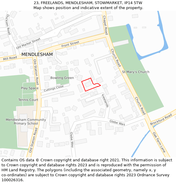 23, FREELANDS, MENDLESHAM, STOWMARKET, IP14 5TW: Location map and indicative extent of plot