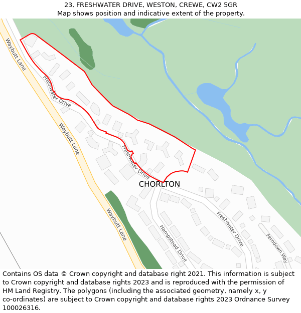 23, FRESHWATER DRIVE, WESTON, CREWE, CW2 5GR: Location map and indicative extent of plot