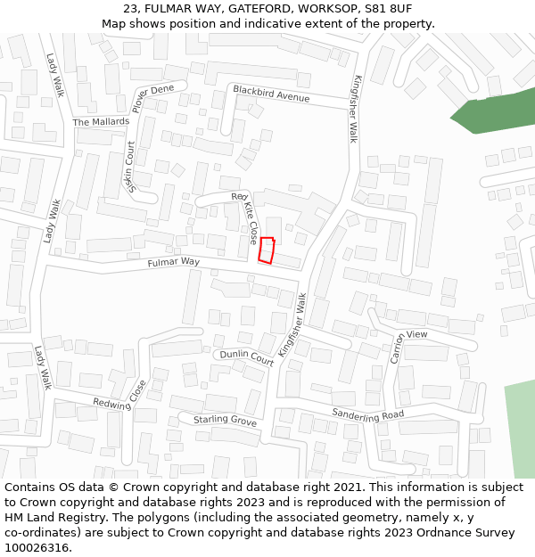 23, FULMAR WAY, GATEFORD, WORKSOP, S81 8UF: Location map and indicative extent of plot