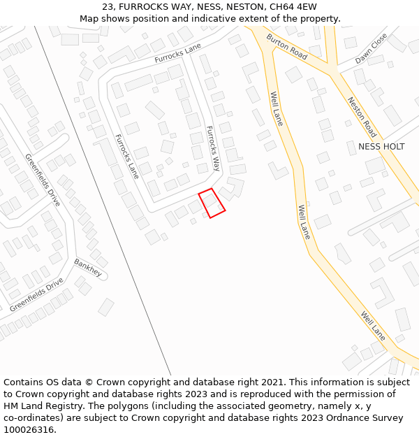 23, FURROCKS WAY, NESS, NESTON, CH64 4EW: Location map and indicative extent of plot