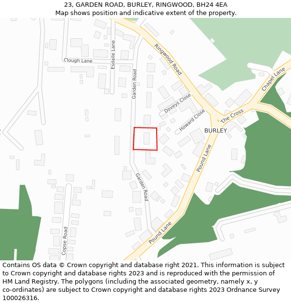 23, GARDEN ROAD, BURLEY, RINGWOOD, BH24 4EA: Location map and indicative extent of plot