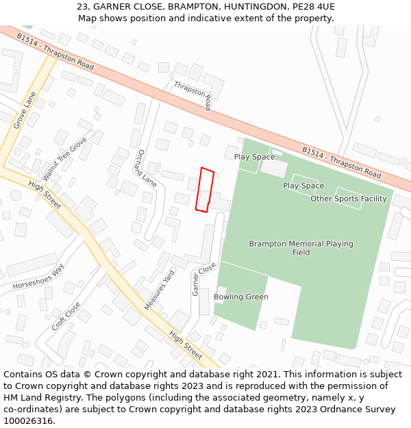 23, GARNER CLOSE, BRAMPTON, HUNTINGDON, PE28 4UE: Location map and indicative extent of plot