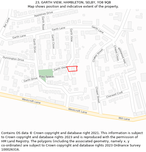 23, GARTH VIEW, HAMBLETON, SELBY, YO8 9QB: Location map and indicative extent of plot