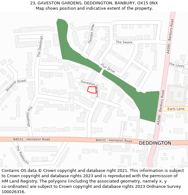 23, GAVESTON GARDENS, DEDDINGTON, BANBURY, OX15 0NX: Location map and indicative extent of plot