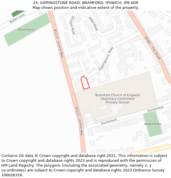 23, GIPPINGSTONE ROAD, BRAMFORD, IPSWICH, IP8 4DR: Location map and indicative extent of plot