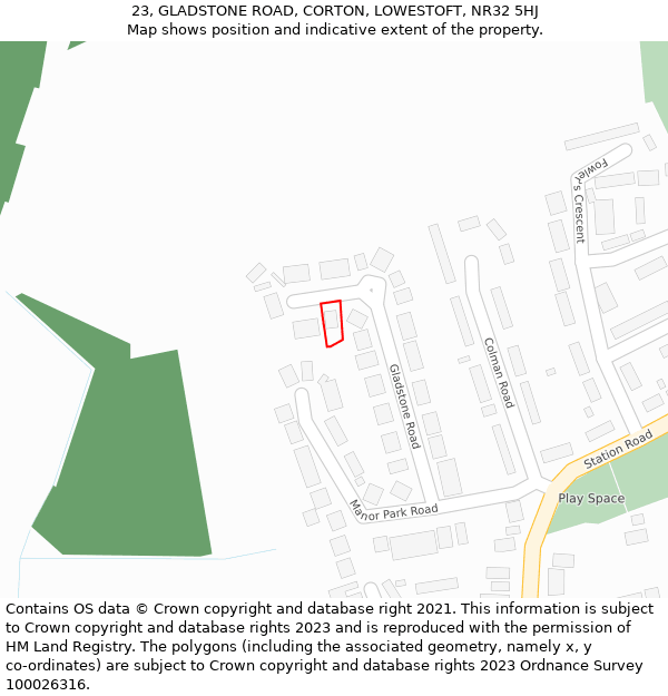 23, GLADSTONE ROAD, CORTON, LOWESTOFT, NR32 5HJ: Location map and indicative extent of plot