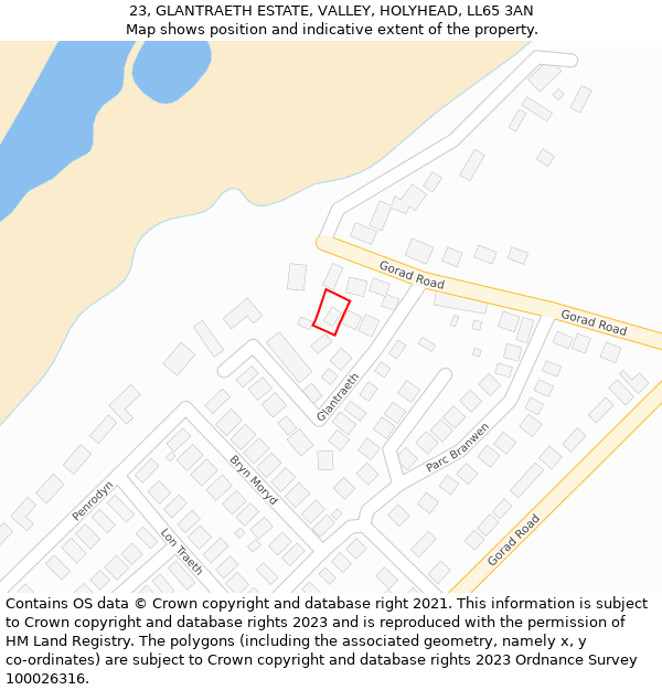 23, GLANTRAETH ESTATE, VALLEY, HOLYHEAD, LL65 3AN: Location map and indicative extent of plot