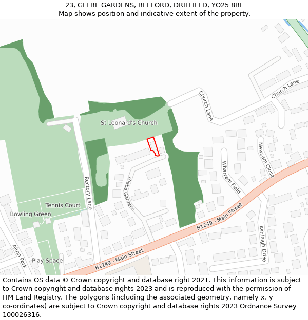 23, GLEBE GARDENS, BEEFORD, DRIFFIELD, YO25 8BF: Location map and indicative extent of plot