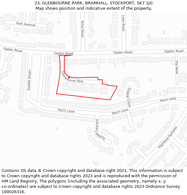 23, GLENBOURNE PARK, BRAMHALL, STOCKPORT, SK7 1JG: Location map and indicative extent of plot