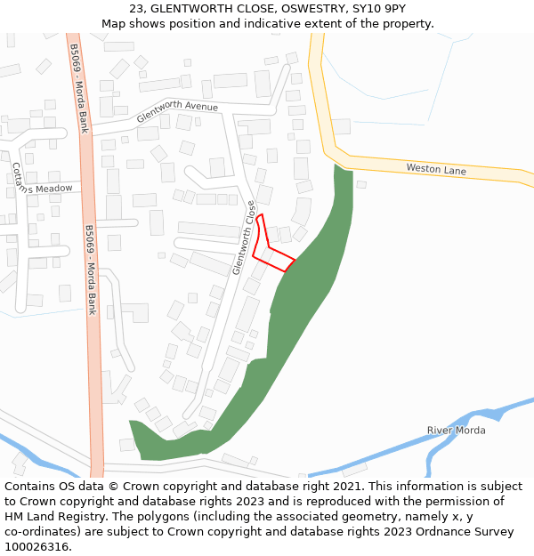 23, GLENTWORTH CLOSE, OSWESTRY, SY10 9PY: Location map and indicative extent of plot