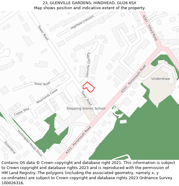 23, GLENVILLE GARDENS, HINDHEAD, GU26 6SX: Location map and indicative extent of plot