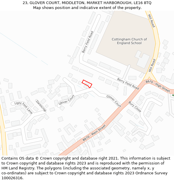 23, GLOVER COURT, MIDDLETON, MARKET HARBOROUGH, LE16 8TQ: Location map and indicative extent of plot