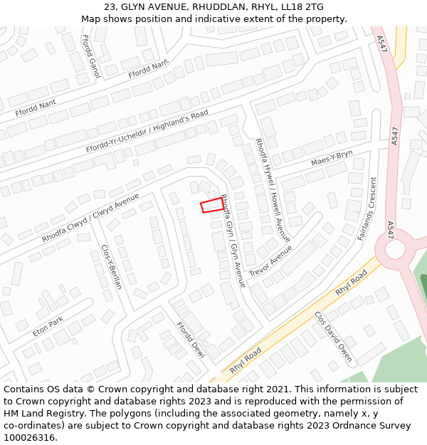 23, GLYN AVENUE, RHUDDLAN, RHYL, LL18 2TG: Location map and indicative extent of plot