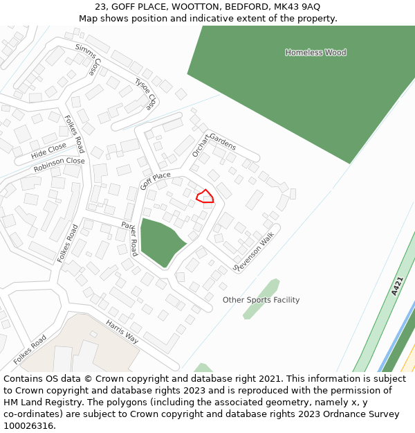 23, GOFF PLACE, WOOTTON, BEDFORD, MK43 9AQ: Location map and indicative extent of plot