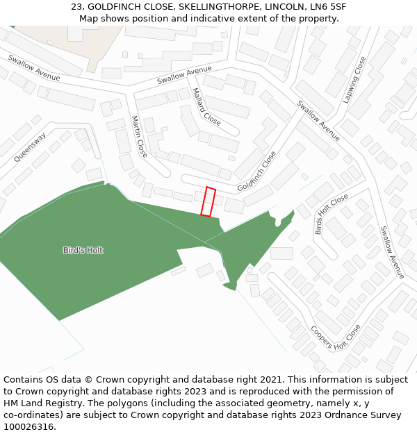 23, GOLDFINCH CLOSE, SKELLINGTHORPE, LINCOLN, LN6 5SF: Location map and indicative extent of plot